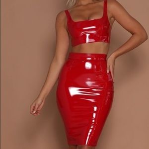 Red latex two piece skirt set